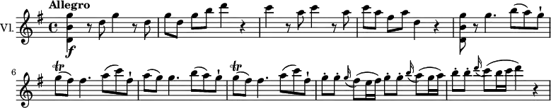 
\new Staff \with {
  instrumentName = "Vl."
  midiInstrument = "tremolo strings"
} \relative c'' {
  \key g \major
  \time 4/4
  \tempo "Allegro"
   <d, b' g'>4\f r8 d' g4 r8d
  g[ d] g b d4 r
  c r8 a c4 r8 a
  c[ a] fis a d,4 r
  <d, b' g'>8 r g'4. b8 (a) g-!
  g\trill (fis) fis4. a8 (c) fis,-!
  a (g) g4. b8 (a) g-!
   g\trill (fis) fis4. a8 (c) fis,-!
   g-. g-. \grace g16 (fis8) (e16 fis) g8-. g-. \grace b16 (a8) (g16 a)
   b8-. b-. \grace d16 (c8) (b16 c d4) r4
}
\midi {
  \context {
    \Score
    tempoWholesPerMinute = #(ly:make-moment 140 4)
  }
}
