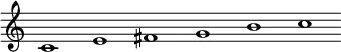 
 \relative c'  {\override Score.BarLine.stencil = ##f \override Score.TimeSignature.stencil = ##f c1 e fis g b c}
