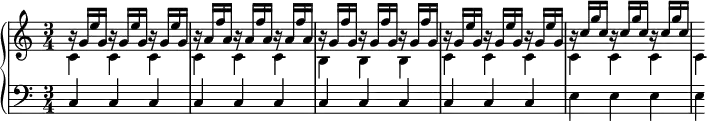 
\version "2.18.2"
\header {
  tagline = ##f
}
upper = \relative c'' {
    \clef treble 
    \key c \major
    \time 3/4
    \tempo 4 = 62 
    \set Staff.midiInstrument = #"harpsichord" 
   %% Fischer
   << { \repeat unfold 3 { b16\rest g16 e' g, }
   \repeat unfold 3 { b16\rest a16 f' a, }
   \repeat unfold 3 { b16\rest g16 f' g, }
   \repeat unfold 3 { b16\rest g16 e' g, }
   \repeat unfold 3 { b16\rest c16 g' c, }
   } \\ { \repeat unfold 6 { c,4 } \repeat unfold 3 { b } \repeat unfold 7 { c } } >>
}
lower = \relative c {
    \clef bass 
    \key c \major
    \time 3/4
    \set Staff.midiInstrument = #"harpsichord" 
    \repeat unfold 12 { c4 } \repeat unfold 4 { e }
} 
\score {
  \new PianoStaff <<
    \set PianoStaff.instrumentName = #""
    \new Staff = "upper" \upper
    \new Staff = "lower" \lower
  >>
  \layout {
    \context {
      \Score
      \remove "Metronome_mark_engraver"
      \override SpacingSpanner.common-shortest-duration = #(ly:make-moment 1/2)
    }
  }
  \midi { }
}
