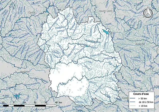 Carte de l'ensemble du réseau hydrographique de la Lozère.