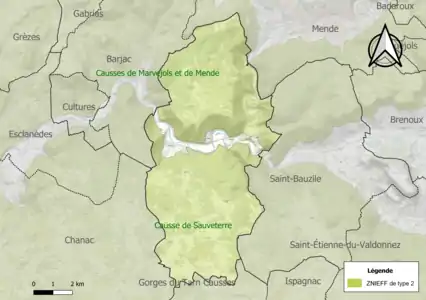 Carte des ZNIEFF de type 2 sur la commune.