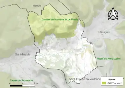 Carte de la ZNIEFF de type 2 sur la commune.