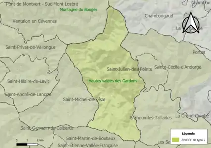 Carte des ZNIEFF de type 2 sur la commune.