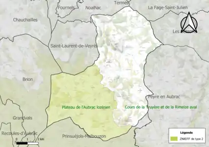 Carte de la ZNIEFF de type 2 sur la commune.