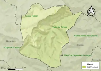 Carte des ZNIEFF de type 2 sur la commune.