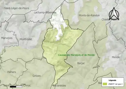 Carte de la ZNIEFF de type 2 sur la commune.