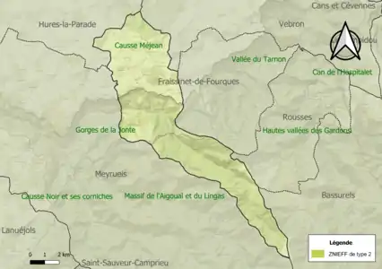 Carte des ZNIEFF de type 2 sur la commune.