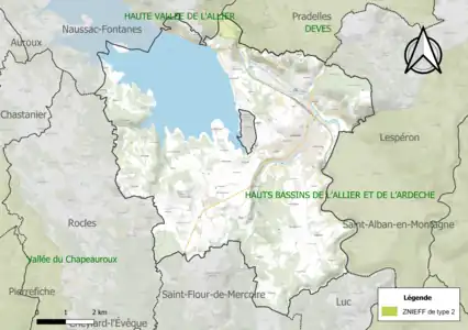 Carte des ZNIEFF de type 2 sur la commune.