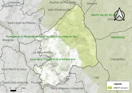 Carte des ZNIEFF de type 2 sur la commune.