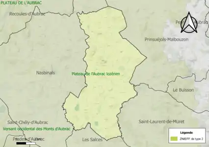 Carte de la ZNIEFF de type 2 sur la commune.