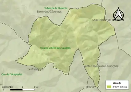 Carte de la ZNIEFF de type 2 sur la commune.