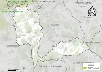 Carte de la ZNIEFF de type 2 sur la commune.