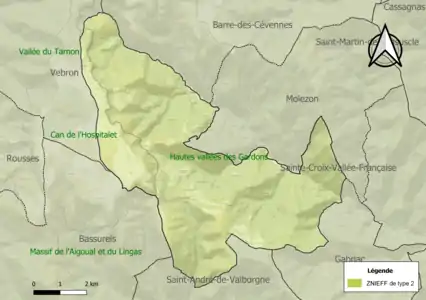 Carte des ZNIEFF de type 2 sur la commune.