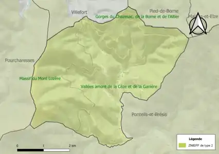 Carte des ZNIEFF de type 2 sur la commune.