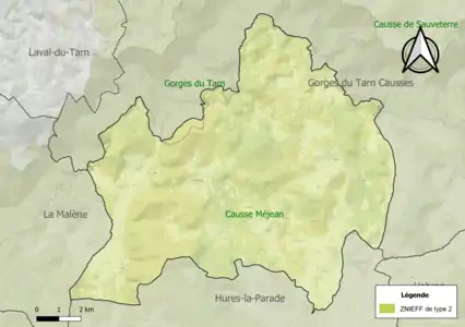 Carte des ZNIEFF de type 2 sur la commune.