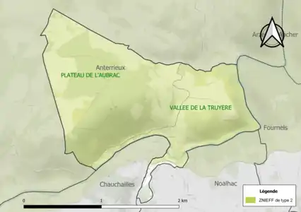 Carte des ZNIEFF de type 2 sur la commune.