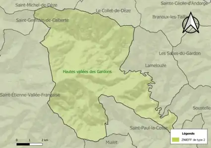 Carte de la ZNIEFF de type 2 sur la commune.