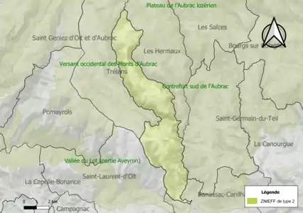 Carte de la ZNIEFF de type 2 sur la commune.