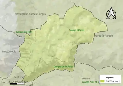 Carte des ZNIEFF de type 2 sur la commune.