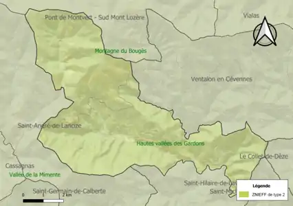 Carte des ZNIEFF de type 2 sur la commune.