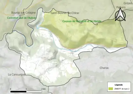 Carte de la ZNIEFF de type 2 sur la commune.