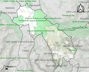 Carte des ZNIEFF de type 1 sur la commune.