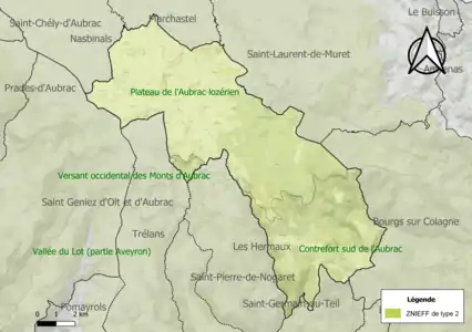 Carte des ZNIEFF de type 2 sur la commune.