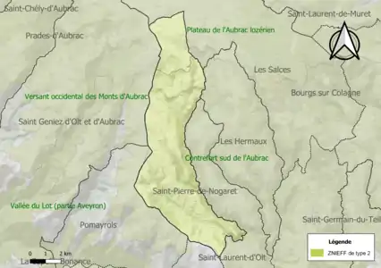 Carte des ZNIEFF de type 2 sur la commune.