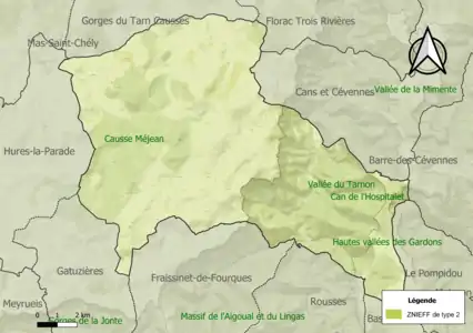 Carte des ZNIEFF de type 2 sur la commune.