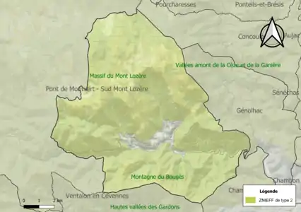 Carte des ZNIEFF de type 2 sur la commune.