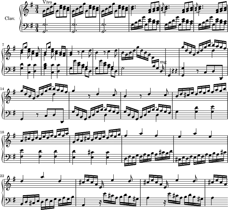 
\version "2.18.2"
\header {
  tagline = ##f
}
%% les petites notes
trillFp     = { \tag #'print { f4.\prall } \tag #'midi { g32 f g f~ f4 } }
% \times 2/3 {
upper = \relative c'' {
  \clef treble 
  \key g \major
  \time 3/4
  \tempo 4 = 92
  \set Staff.midiInstrument = #"harpsichord"
     s8*0^\markup{Vivo}
     \repeat unfold 3 { g16 b d g g,8 < c e > < b d > < a c > } | < b d >4. < fis a >8 < g b > < a c > |
     % ms. 5
     \repeat unfold 2 { \appoggiatura < a c >8 < b d >4. < fis a >8 < g b > < a c > } | << { d8[ g] } \\ { b,4 } >> < c e >8 < a c >4 < fis a >8 | << { b8[ g'] } \\ { g,4 } >> < c e >8 < a c >4 < g b >16 < fis a > |
     % ms. 9
     < g b >4 r8 c4 d8 | b4 r8 c4 d8 | b16 g b d g d b g \stemDown d[ \stemUp \change Staff = "lower" b g] d16^\markup{mg} | s2. \change Staff = "upper"
     % ms. 13
     \repeat unfold 2 { << { g''16 d b g b d g b~ b a g fis } \\ { s2 d4 } >> } | g4 r8 d4 c8 | b4 r8 d4 c8 |
     % ms. 17
     b16 d cis e d fis e g fis a g b | a, cis b d cis e d fis e g fis a | g, b a cis b d cis e d fis e g | fis4 a fis |
     % ms. 21
     e4 a e  | d a' d, | \repeat unfold 2 { cis16 e cis a e s16 e'4  d8 } |
     % ms. 25
     cis16 e cis a
}
lower = \relative c' {
  \clef bass
  \key g \major
  \time 3/4
  \set Staff.midiInstrument = #"harpsichord"
    % **************************************
     < g, g' >2. q q | \repeat unfold 3 { g'16 b d g g,8 < c e > < b d > < a c > } |
     % ms. 7
     < g d' >4 < c, c' > < d c' > | < g b d >  < c, c' > < d c' > |
     % ms. 9
     \repeat unfold 2 { g8 g' < c, e > < a c > << { a4 } \\ { fis8 d } >> } | g2 s4 | g,4 r4 r4 |
     % m. 13
     < g g' >4 r8 c8 d d, | g4 r8 c8 d d, | \repeat unfold 2 { << { g'16 d b g b d g b~ b a g fis } \\ { s2 d4 } >> } |
     % ms. 17
     g4 < g d' > < g e' > | < fis e' > < fis d' > q | < e d' > < e cis' > q | d16 fis e g fis a g b a cis b d |
     % ms. 21
     cis, e d16 fis e g fis a g b a cis | b, d cis e d16 fis e g fis a g b | a,4 \repeat unfold 2 { r16 e''16 cis a b d b gis a4 } |
     % ms. 25
} 
thePianoStaff = \new PianoStaff <<
    \set PianoStaff.instrumentName = #"Clav."
    \new Staff = "upper" \upper
    \new Staff = "lower" \lower
  >>
\score {
  \keepWithTag #'print \thePianoStaff
  \layout {
      #(layout-set-staff-size 17)
    \context {
      \Score
     \override SpacingSpanner.common-shortest-duration = #(ly:make-moment 1/2)
      \remove "Metronome_mark_engraver"
    }
  }
}
\score {
  \keepWithTag #'midi \thePianoStaff
  \midi { }
}
