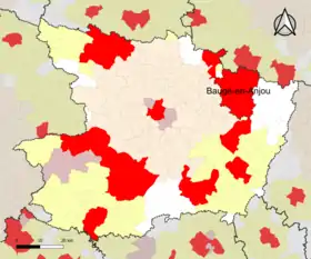 Localisation de l'aire d'attraction de Baugé-en-Anjou dans le département de Maine-et-Loire.