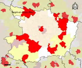 Localisation de l'aire d'attraction de Segré-en-Anjou Bleu dans le département de Maine-et-Loire.