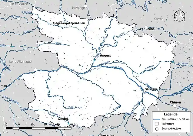 Carte des cours d'eau de longueur supérieure à 50 km de Maine-et-Loire.