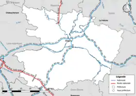 Carte du réseau routier national (autoroutes et routes nationales) dans le département de Maine-et-Loire
