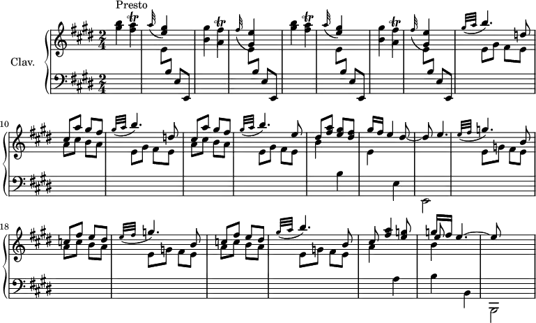 
\version "2.18.2"
\header { 
  tagline = ##f
  % composer = "Domenico Scarlatti"
  % opus = "K. 20"
  % meter = "Presto"
}
%% les petites notes
trillFisAccord = { \tag #'print { << { \stemDown fis'4\trill } \\ { a,4 } >> } \tag #'midi { << { gis'32 fis gis fis~ fis8 } \\ { a,4 } >> } }
trillAAccord   = { \tag #'print { < fis a >4\trill } \tag #'midi { << { b32 a b a~ a8 } \\ { fis4 } >> } }
upper = \relative c'' {
  \clef treble 
  \key e \major
  \time 2/4
  \tempo 4 = 132
  \set Staff.midiInstrument = #"harpsichord"
  \override TupletBracket.bracket-visibility = ##f
      s8*0^\markup{Presto}
      \repeat unfold 2 { < gis' b >4 \trillAAccord | \appoggiatura a32 \stemUp < e gis >4 s4 \stemNeutral | < b gis' >4 \trillFisAccord | \appoggiatura fis'32 \stemUp < gis, e' >4 s4  \stemNeutral } |
      % ms. 9
      \repeat unfold 2 { \grace {   \tempo 4 = 45 gis'32( a } \stemUp \tempo 4 = 132 b4.) d,8  | cis a' gis fis } | \grace {   \tempo 4 = 45 gis32( a } \stemUp \tempo 4 = 132 b4.) e,8  | dis < fis a > < e gis > < dis fis > |
      % ms. 15
      gis16 fis e4 dis8~ | dis e4. | \repeat unfold 2 { \grace {   \tempo 4 = 45 e32( fis } \stemUp \tempo 4 = 132 g4.) b,8  | c fis e dis } | \grace {   \tempo 4 = 45 gis32( a } \stemUp \tempo 4 = 132 b4.) b,8  |
      % ms. 22
      cis8 < fis a >4 < e g >8 << { g16 fis e4.~ | e8 } \\ { \shiftOn \stemUp e8 } \\ { \stemDown b4 } >>
      % ms. 29
}
lower = \relative c' {
  \clef bass
  \key e \major
  \time 2/4
  \set Staff.midiInstrument = #"harpsichord"
  \override TupletBracket.bracket-visibility = ##f
    % ************************************** \appoggiatura a8  \repeat unfold 2 {  } \times 2/3 { }   \omit TupletNumber 
      \repeat unfold 4 { s2 |  \stemDown \change Staff = "upper" e8 \stemUp \change Staff = "lower" b e, e, } | 
      % ms. 9
      \repeat unfold 2 { \stemDown \change Staff = "upper"  e''8 gis fis e | a cis b a  } | e8 gis fis e | b'4 \change Staff = "lower" b, \stemDown \change Staff = "upper" |
      % ms. 15
      e4  \change Staff = "lower" e, | e,2 | \repeat unfold 2 { \stemDown \change Staff = "upper"  e''8 g fis e | a c b a  } | e8 g fis e |
      % ms. 22
      a4  \stemNeutral \change Staff = "lower"  a, | b b, | b,2 |
      % ms. 29
}
thePianoStaff = \new PianoStaff <<
    \set PianoStaff.instrumentName = #"Clav."
    \new Staff = "upper" \upper
    \new Staff = "lower" \lower
  >>
\score {
  \keepWithTag #'print \thePianoStaff
  \layout {
      #(layout-set-staff-size 17)
    \context {
      \Score
     \override SpacingSpanner.common-shortest-duration = #(ly:make-moment 1/2)
      \remove "Metronome_mark_engraver"
    }
  }
}
\score {
  \keepWithTag #'midi \thePianoStaff
  \midi { }
}
