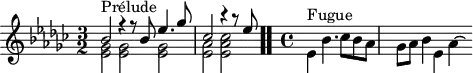 
\version "2.18.2"
\header {
  tagline = ##f
}
\score {
<<
  \relative c' {
    \key ees \minor
    \time 3/2
     %% INCIPIT CBT I-8, BWV 853, ré-dièse mineur
     << { s4*0^\markup{Prélude} bes'2 r4 r8 bes8 ees4. ges8 ces,2 r4 r8 ees8 } \\ { < ges, ees >2 q q | \once \override Staff.TimeSignature #'stencil = ##f \time 4/4 < aes ees > < ces aes ees > } >> \bar ".."
     \skip 16*1
     \override Staff.Clef.extra-offset = #'( -1 . 0 )
     \time 4/4 
      s4*0^\markup{Fugue} \stemDown ees,4 bes'4. ces8 bes aes | \once \override Staff.TimeSignature #'stencil = ##f \time 5/4 ges aes bes4 ees, aes~ \hideNotes aes16
  }
>>
  \layout {
     \context { \Score \remove "Metronome_mark_engraver" 
     \override SpacingSpanner.common-shortest-duration = #(ly:make-moment 1/2) 
}
  }
  \midi {}
}
