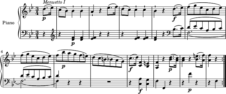 
\version "2.18.2"
\header {
  tagline = ##f
}
upper = \relative c' {
  \clef treble
  \key bes \major
  \time 3/4
  \tempo "Menuetto"
  \tempo 4 = 130
  %\autoBeamOff
  \partial 4 d'8. \p ^\markup{ \italic {Menuetto I } } (ees16)
  c8 (bes) bes4-! bes-! a-! r ees'8. (f16)
  d8 (c) c4-! c-! 
  bes-! r d8.  \f (ees16)
  f8 (g ees c d ees)
  f (g ees c d ees)
  f (bes \p a g f e)
  d (c b bes a g)
  c8. \f ([d16]) <c, f>4 <bes e>
  <a f'> r <bes' d>8.\p (<a c>16)
  <a c>4 r <bes e>8. (<a f'>16) 
  <a f'>4 r  \bar ":|."
}
lower = \relative c' {
  \clef bass
  \key bes \major
  \time 3/4
  \partial 4 r4
  \clef treble r4 <d f>4  \p <d f> 
  <ees f> r r
  r <ees f>  <ees f> <d f> r
  \clef bass bes8. (c16)  << { \stemDown f,2._ (f2.) _( f4)} \\ {\stemUp d'8 ^ (ees c a bes c) d8 ^ (ees c a bes c) d4 } >> r4 r R2.
  r4 <c, a'>  \f <c g'> f f, r r f'' \p r r f, \bar ":|."
}
\score {
  \new PianoStaff <<
    \set PianoStaff.instrumentName = #"Piano"
    \new Staff = "upper" \upper
    \new Staff = "lower" \lower
  >>
  \layout {
    \context {
      \Score
      \remove "Metronome_mark_engraver"
    }
  }
  \midi { }
}
