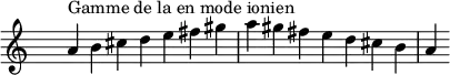 
\relative c'' { 
  \clef treble \time 7/4 \hide Staff.TimeSignature a4^\markup { Gamme de la en mode ionien } b cis d e fis gis a gis fis e d cis b a
}
