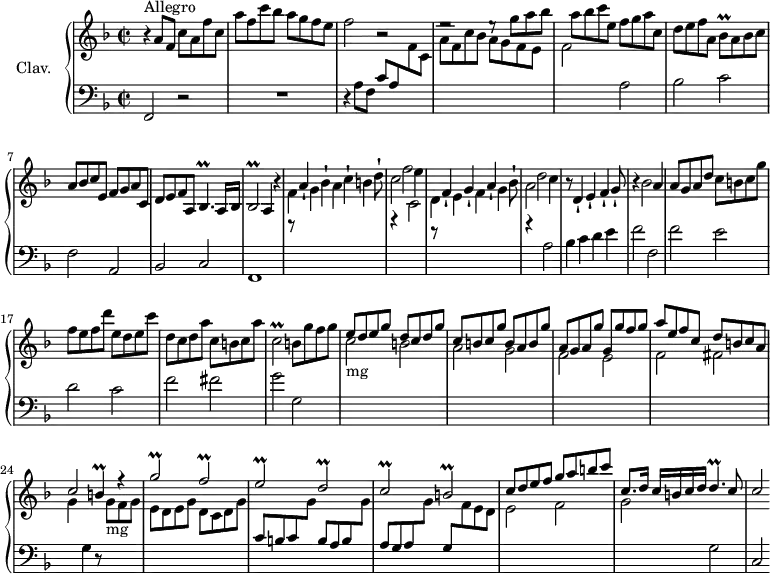 
\version "2.18.2"
\header {
  tagline = ##f
  % composer = "Domenico Scarlatti"
  % opus = "K. 418"
  % meter = "Allegro"
}
%% les petites notes
trillBesq     = { \tag #'print { bes8\prall } \tag #'midi { c32 bes c bes } }
trillBesp     = { \tag #'print { bes4.\prall } \tag #'midi { c32 bes c bes~ bes4 } }
trillBesb     = { \tag #'print { bes2\prall } \tag #'midi { c32 bes c bes~ bes8~ bes4 } }
trillCbDown   = { \tag #'print { c,2\prall } \tag #'midi { d32 c d c~ c8~ c4 } }
trillB        = { \tag #'print { b4\prall } \tag #'midi { c32 b c b~ b8 } }
trillGbUp     = { \tag #'print { g'2\prall } \tag #'midi { a32 g a g~ g8~ g4 } }
trillFb       = { \tag #'print { f2\prall } \tag #'midi { g32 f g f~ f8~ f4 } }
trillEb       = { \tag #'print { e2\prall } \tag #'midi { f32 e f e~ e8~ e4 } }
trillDb       = { \tag #'print { d2\prall } \tag #'midi { e32 d e d~ d8~ d4 } }
trillCb       = { \tag #'print { c2\prall } \tag #'midi { d32 c d c~ c8~ c4 } }
trillBb       = { \tag #'print { b2\prall } \tag #'midi { c32 b c b~ b8~ b4 } }
trillDp       = { \tag #'print { d4.\prall } \tag #'midi { e32 d e d~ d4 } }
upper = \relative c'' {
  \clef treble 
  \key f \major
  \time 2/2
  \tempo 2 = 72
  \set Staff.midiInstrument = #"harpsichord"
  \override TupletBracket.bracket-visibility = ##f
      s8*0^\markup{Allegro}
      r4 a8 f c' a f' c | a' f c' bes a g f e | f2 r2 | e2\rest e8\rest g8 a bes | 
      % ms. 5
      a8 bes c e, f g a c, | d e f a, \trillBesq \repeat unfold 2 { a8 bes c } e, f g a c, | d e f a, \trillBesp a16 bes | \trillBesb a4 r4 |
      % ms. 10
      r8 a'4-! bes-! c-! d8-! | r4 f2 e4 | r8 f,4-! g-! a-! bes8-! | r4 d2 c4 | r8 d,4-! e-! f-! g8-! |
      % ms. 15
      r4 bes2 a4 | a8 g a d c b c g' | f e f d' e, d e c' | d, c d a' c, b c a' | \trillCbDown b8 g' f g |  \stemUp
      % ms. 20
      e8 d e g d c d g | c, b c g' b, a b g' | a, g a g' g, g' f g | a e f c d b c a | c2 \trillB r4 |
      % ms. 25
      \trillGbUp \trillFb | \trillEb \trillDb | \trillCb \trillBb | c8 d e f g a b c |
      % ms. 29
      c,8. d16 c[ b c d] \trillDp c8 | c2
}
lower = \relative c' {
  \clef bass
  \key f \major
  \time 2/2
  \set Staff.midiInstrument = #"harpsichord"
  \override TupletBracket.bracket-visibility = ##f
    % ************************************** \appoggiatura a16  \repeat unfold 2 {  } \times 2/3 { }   \omit TupletNumber 
      f,,2 r2 R1 | r4 a'8 f c' a \stemDown \change Staff = "upper"  f' c | a' f c' bes a g f e |
      % ms. 5
      f2 \stemNeutral \change Staff = "lower"  a, | bes c | f, a, | bes c | f,1 | \stemDown \change Staff = "upper"
      % ms. 10
      f''4 g a b | c2 c, | d4 e f g | a2 \stemNeutral \change Staff = "lower"  a, | bes4 c d e |
      % ms. 15
      f2 f, | f' e | d c | f fis | g g, | \stemDown \change Staff = "upper" 
      % ms. 20
      c'2_\markup{mg} b | a g | f e | f fis | g4  \stemNeutral \change Staff = "lower" g, r8 \stemDown \change Staff = "upper" g'8_\markup{mg} f g |
      % ms. 25
      e8 d e g d c d g \stemUp  \change Staff = "lower" | 
      c, b c \stemDown \change Staff = "upper" g' \stemUp  \change Staff = "lower" b, a b \stemDown \change Staff = "upper" g' \stemUp  \change Staff = "lower" |
      a, g a \stemDown \change Staff = "upper" g' \stemUp  \change Staff = "lower" g, \stemDown \change Staff = "upper" f' e d |
      e2 f |
      % ms. 29
      g2 \stemNeutral \change Staff = "lower" g, | c,
}
thePianoStaff = \new PianoStaff <<
    \set PianoStaff.instrumentName = #"Clav."
    \new Staff = "upper" \upper
    \new Staff = "lower" \lower
  >>
\score {
  \keepWithTag #'print \thePianoStaff
  \layout {
      #(layout-set-staff-size 17)
    \context {
      \Score
     \override SpacingSpanner.common-shortest-duration = #(ly:make-moment 1/2)
      \remove "Metronome_mark_engraver"
    }
  }
}
\score {
  \keepWithTag #'midi \thePianoStaff
  \midi { }
}
