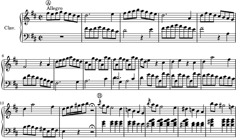 
\version "2.18.2"
\header {
  tagline = ##f
  % composer = "Domenico Scarlatti"
  % opus = "K. 282"
  % meter = "Allegro"
}
%% les petites notes
%trillBesp     = { \tag #'print { bes4.\prall } \tag #'midi { c32 bes c bes~ bes4 } }
upper = \relative c'' {
  \clef treble 
  \key d \major
  \time 2/2
  \tempo 2 = 102
      s8*0^\markup{Allegro}
      s8*0^\markup { \circle { A }}
      fis8 e fis g fis e d cis | d2. e4 | fis8 g a b a g fis e |
      % ms. 4
      d2. | a4 | d8 fis e d cis b a g | fis2 r4 a4 |
      % ms. 7
      d8 e fis g a fis e d | cis \repeat unfold 2 { a g' fis e a, a' g | fis } d e4 r4 cis4 |
      % ms. 11
      d4 e r4 cis4 | \repeat unfold 2 { d a'2 fis4 } | d8 e16 fis gis \tempo 2 = 72 a b8   \tempo 2 = 52 r2\fermata   \tempo 2 = 102
      % ms. 15
      s8*0^\markup { \circle { B }}
      \acciaccatura a16 g8 fis e2 d4 | c b a g | \acciaccatura b'16 a8 g fis2 e4 | dis c b a | b'8 a gis2 f4 |
}
lower = \relative c' {
  \clef bass
  \key d \major
  \time 2/2
    % ************************************** \appoggiatura a16  \repeat unfold 2 {  } \times 2/3 { }   \omit TupletNumber 
      R1 | fis8 e fis g fis e d cis | d2 r4 e4 |
      % ms. 4
      fis8 g a b a g fis e | fis2 r4 a,4 | d8 fis e d cis b a g |
      % ms. 7
      fis2. g4 | a2. cis4 | << { d2. cis4 } \\ { d4 g, a2 } >> | d4 g8 fis e a, a' g |
      % ms. 11
      fis8 a, g' fis e a, a' g | fis g fis e  d e d cis | b cis b a gis e gis fis | e4 r4 r2\fermata |
      % ms. 15
      < e' g >4 q q q | q q e4 e | < dis fis a b >4 q q q | q < dis fis >4 q q | < d gis b >4 q q q |
}
thePianoStaff = \new PianoStaff <<
    \set PianoStaff.instrumentName = #"Clav."
    \new Staff = "upper" \upper
    \new Staff = "lower" \lower
  >>
\score {
  \keepWithTag #'print \thePianoStaff
  \layout {
      #(layout-set-staff-size 17)
    \context {
      \Score
     \override TupletBracket.bracket-visibility = ##f
     \override SpacingSpanner.common-shortest-duration = #(ly:make-moment 1/2)
      \remove "Metronome_mark_engraver"
    }
  }
}
\score {
  \keepWithTag #'midi \thePianoStaff
  \midi { \set Staff.midiInstrument = #"harpsichord" }
}
