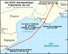 Carte du sud-est de la France indiquant une ligne rouge et différents points de repère.