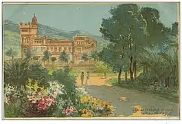 Château au milieu d'une flore exotique luxuriante. Carte postale ancienne.