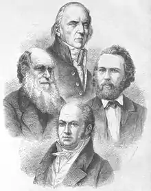 Gravure montrant quatre hommes, spécialistes de l'évolution.