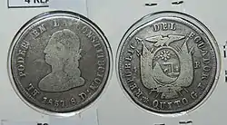 Pièce de 4 réaux (argent) frappée à Quito en 1857.