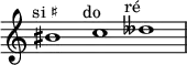 
    \relative c'' {
      \time 3/1
      \override Staff.TimeSignature #'stencil = ##f
      bis1^\markup { \center-align "si ♯" }
      c^\markup { \center-align "do" }
      deses^\markup { \center-align "ré 𝄫" }
    }
  