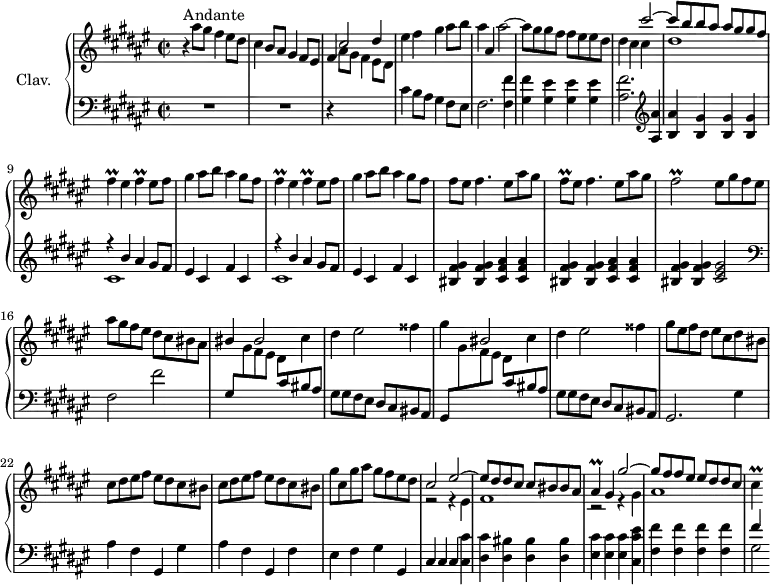 
\version "2.18.2"
\header {
  tagline = ##f
}
%% les petites notes
trillFis = { \tag #'print { fis4\prall } \tag #'midi { gis32 fis gis fis~ fis8 } }
trillFisL = { \tag #'print { fis2\prall } \tag #'midi { gis32 fis gis fis~ fis8~ fis4 } }
trillFisq = { \tag #'print { fis8\prall } \tag #'midi { gis32 fis gis fis } }
trillAis = { \tag #'print { ais4\prall } \tag #'midi { bis32 ais bis ais~ ais8~ } }
trillCis = { \tag #'print { cis4\prall } \tag #'midi { dis32 cis dis cis~ cis8~ } }
upper = \relative c'' {
  \clef treble 
  \key fis \major
  \time 2/2
  \tempo 4 = 120
  \set Staff.midiInstrument = #"harpsichord"
  \override TupletBracket.bracket-visibility = ##f
     s8*0^\markup{Andante}
     r4 ais'8 gis fis4 eis8 dis | cis4 b8 ais gis4 fis8 eis | fis4 \stemUp cis'2 dis4 | \stemNeutral eis fis gis ais8 b |
     % ms. 5
     ais4 ais, ais'2~ | ais8 gis gis fis  fis eis eis dis | dis4 cis << { cis'2~ | cis8 b b ais ais gis gis fis } \\ { cis4 s4 | dis1 } >>
     % ms. 9
     \repeat unfold 2 { \trillFis eis4 \trillFis eis8 fis | gis4 ais8 b ais4 gis8 fis } | 
     % ms. 13
     fis8 eis fis4. eis8 ais gis | \trillFisq eis8 fis4. eis8 ais gis | \trillFisL eis8 gis fis eis | ais gis fis eis dis cis bis ais |
     % ms. 17
     \stemUp bis4 bis2 \stemNeutral cis4 | dis eis2 fisis4 | gis \stemUp bis,2 \stemNeutral cis4 |
     % ms. 20
     dis4 eis2 fisis4 | gis8 eis fis dis eis cis dis bis | \repeat unfold 2 { cis dis eis fis eis dis cis bis } |
     % ms. 24
     gis'8 cis, gis' ais gis fis eis dis | << { cis2 eis~ | eis8 dis dis cis cis bis bis ais | \trillAis gis4 gis'2~ | gis8 fis fis eis eis dis dis cis } \\ { r2 r4 eis,4 | fis1 | r2 r4 gis4 | ais1 } >> 
     % ms. 29
     \trillCis
}
lower = \relative c' {
  \clef bass
  \key fis \major
  \time 2/2
  \set Staff.midiInstrument = #"harpsichord"
  \override TupletBracket.bracket-visibility = ##f
  \omit TupletNumber
    % **************************************
     R1*2 | r4 \stemDown \change Staff = "upper" ais'8 gis fis4 eis8 dis | \stemNeutral \change Staff = "lower" cis4 b8 ais gis4 fis8 eis |
     % ms. 5
     fis2. < fis fis' >4 | < gis fis' > < gis eis' > q q | < ais fis' >2.   \clef treble  < ais ais' >4 < b ais' > < b gis' > q q |
     % ms. 9
     \repeat unfold 2 { << { r4 b' ais gis8 fis | eis4 cis fis cis } \\ { cis1 } >> }
     % ms. 13
     \repeat unfold 2 { < bis fis' gis >4 q < cis fis ais > q } | < bis fis' gis >4 q < cis eis gis >2 |   \clef bass fis,2 fis' |
     % ms. 17
     gis,8 \stemDown \change Staff = "upper" gis'8 fis eis dis \stemNeutral \change Staff = "lower" cis8 bis ais |
     % ms. 20
     gis8 gis fis eis dis cis  bis ais | gis8 \stemDown \change Staff = "upper" gis''8 fis eis dis \stemNeutral \change Staff = "lower" cis8 bis ais | gis8 gis fis eis dis cis  bis ais | gis2. \repeat unfold 2 { gis'4 | ais4 fis gis, } fis'4 |
     % ms. 24
     eis4 fis gis gis, | cis cis cis < cis cis' > < dis cis' > < dis bis' > q q | < eis cis' > q q < cis eis' cis > | 
     % ms. 28
     < fis fis' >4 q q q | << { fis'4 } \\ { gis,2 } >>
}
thePianoStaff = \new PianoStaff <<
    \set PianoStaff.instrumentName = #"Clav."
    \new Staff = "upper" \upper
    \new Staff = "lower" \lower
  >>
\score {
  \keepWithTag #'print \thePianoStaff
  \layout {
      #(layout-set-staff-size 17)
    \context {
      \Score
     \override SpacingSpanner.common-shortest-duration = #(ly:make-moment 1/2)
      \remove "Metronome_mark_engraver"
    }
  }
}
\score {
  \keepWithTag #'midi \thePianoStaff
  \midi { }
}
