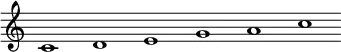 
 \relative c'  {\override Score.BarLine.stencil = ##f \override Score.TimeSignature.stencil = ##f c1 d e g a c}
