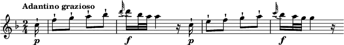 
\relative c' {
  \version "2.18.2"
  \key f \major
  \time 2/4
  \tempo "Adantino grazioso"
  \tempo 4 = 50
  \partial 4 \partial 8 \partial 16 c'16\p-! f8-! g-! a-! bes-! 
  \grace d32 (d16)\f bes32 a  a4 r16 c,16-!\p
  e8-! f-! g-! a-!
  \grace c32 (bes16)\f a32 g g4 r16
}
