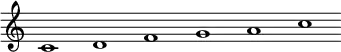 
 \relative c'  {\override Score.BarLine.stencil = ##f \override Score.TimeSignature.stencil = ##f c1 d f g a c}
